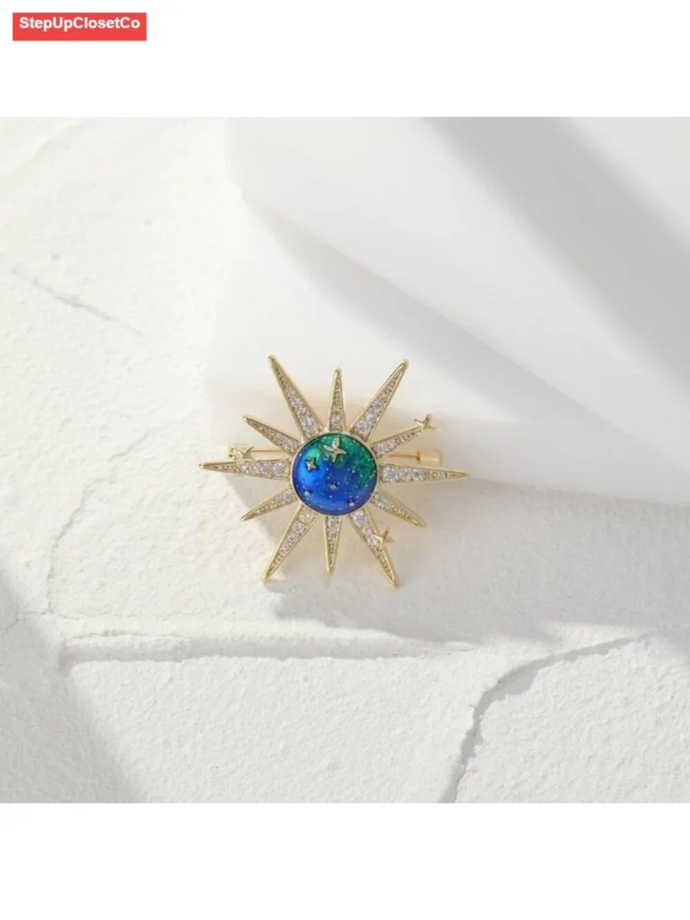 Dainty Sun and Stars Brooch Pin with Cubic Zirconia Crystal